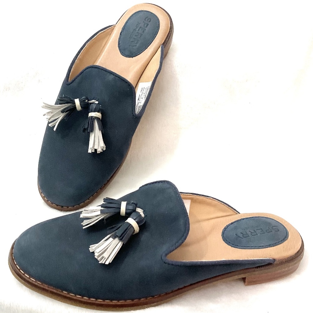 Navy Sperry Seaport Levy Tassel Mule Slides Round Toe Loafer Size 6